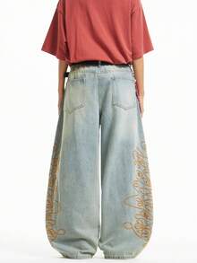 1pc Justice Brother Casual Loose Fit Distressed Embroidered Wide Leg Jeans For Men (Belt And Accessories Not Included) - Blue - View 3