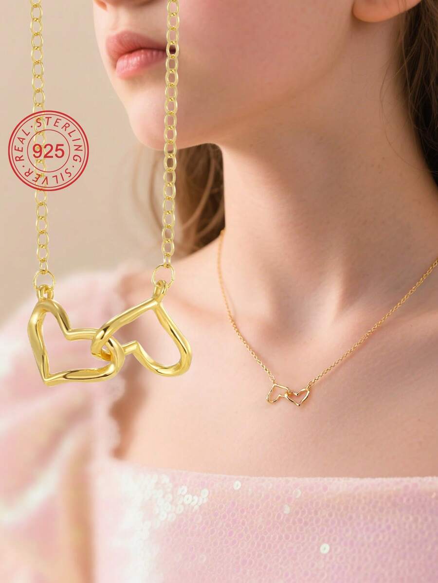 Artepollo 1 Stück 925 Sterling Silber Hypoallergene Doppelherz Anhänger Halskette, süß & niedlich, geeignet für Feiertage oder den täglichen Gebrauch, Geschenk für Kinder, Freunde, Geburtstag, Schulanfang