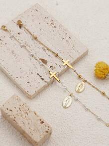 1pc Virgin Mary Cross Chain Bracelet For Women, Stainless Steel 14k Gold Plated Cross Imitation Pearls Gold Beads Charm Chain Bracelet, Christian Gift, Trust Gift, Cross Gift, Friendship Gift