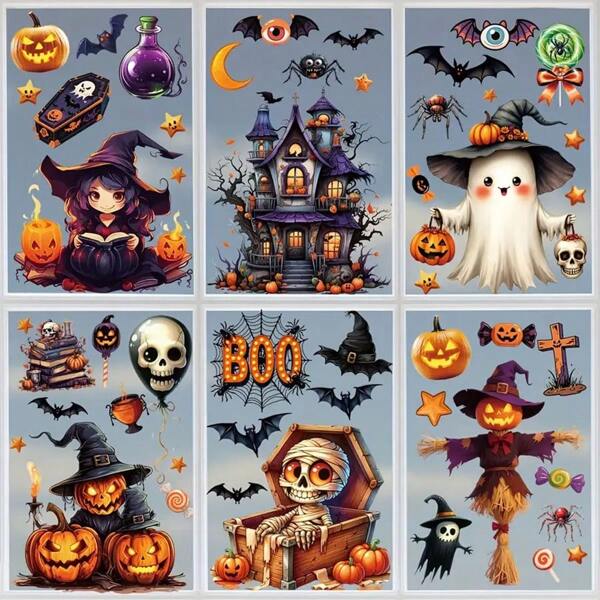 6pcs 3D Halloween Window Clings Set - 20x30cm PVC Static Cling Halloween Stickers With Castle, Bats, Witch, Pumpkin - Reusable Double-Sided Glass And Window Visual Decor Room Decor Home Decor Wall Decor Wall Stickers Living Room Decor Personalised Stickers