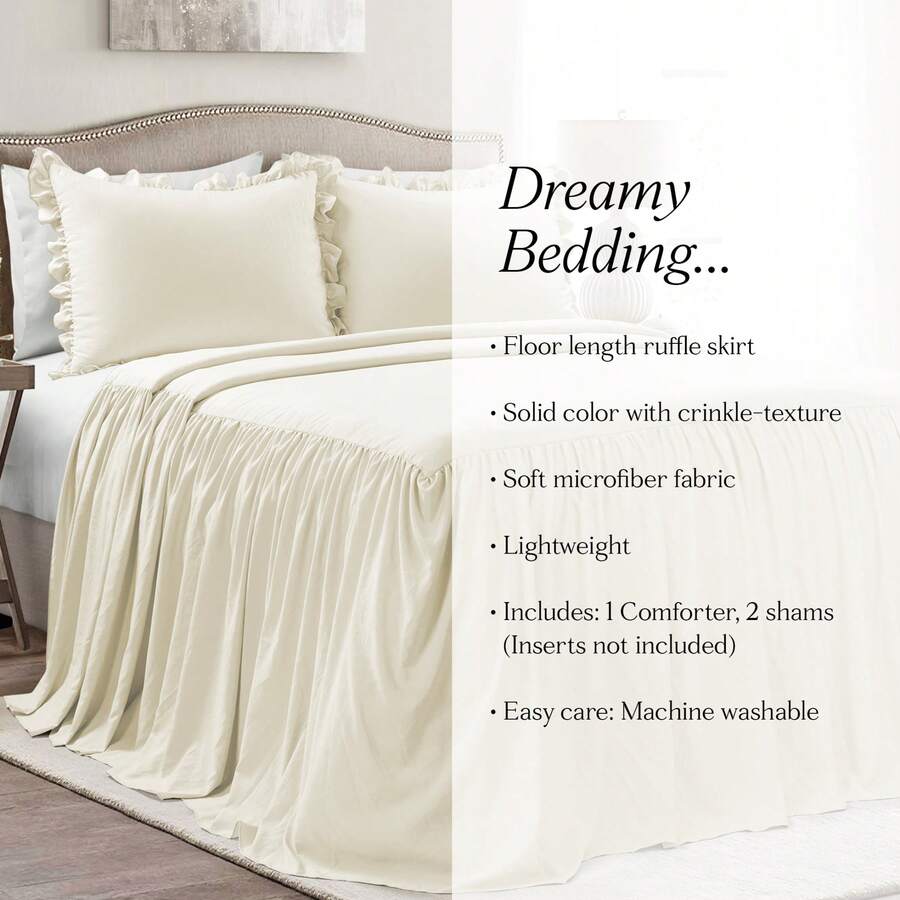 Lush Decor Ruffle Skirt Bedspread 3 Piece Set, Queen, Navy - Blue Queen Bedding - Ruffled Bedspread - Vintage Farmhouse Decor Halloween-Fall Decor-Room Decor - Ivory - View 1