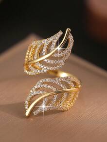 1 chiếc nhẫn đính hôn hình lá nhiều lớp mộng mơ đính đá Zirconia, mạ vàng, phù hợp cho nữ đeo hàng ngày, có thể mở ra, quà tặng trang sức. - Vàng - Xem 8