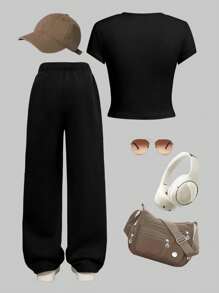 Tween Girls' Casual American Letter Print T-Shirt And Pants Set, Summer - Black - View 2