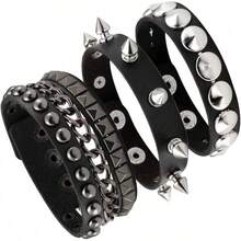 Eigso 3 Pcs Leather Punk Bracelets Men Women Of Rock Rivet Wrap Retro Spike Bracelet Adjustable - 黑色 - 1 - 查看 1