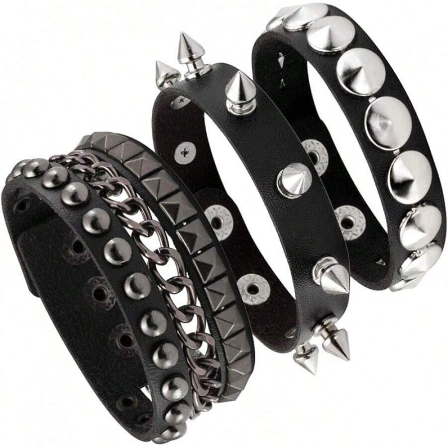 Eigso 3 Pcs Leather Punk Bracelets Men Women Of Rock Rivet Wrap Retro Spike Bracelet Adjustable - 黑色 - 1 - 查看 1