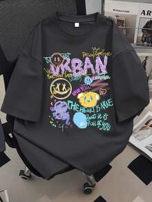 Teenage Girls' Graffiti Urban Print Soft Short Sleeve T-Shirt, Casual Street Style Summer Top - Dark Grey - View 2