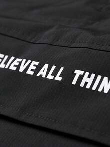 男士连帽半拉链长袖夹克，街头风，字母印花抽绳连帽半拉链大口袋宽松休闲夹克，通勤、户外、百搭，秋季必备 - 黑色 - 查看 4