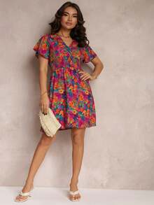 Minivestido con cintura elástica ancha y cuello cruzado - Azul Marino - Ver 2