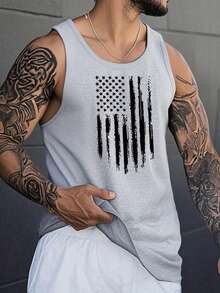 Men's American Flag Print Casual Sleeveless Vest, Summer - 灰色 - 查看 1