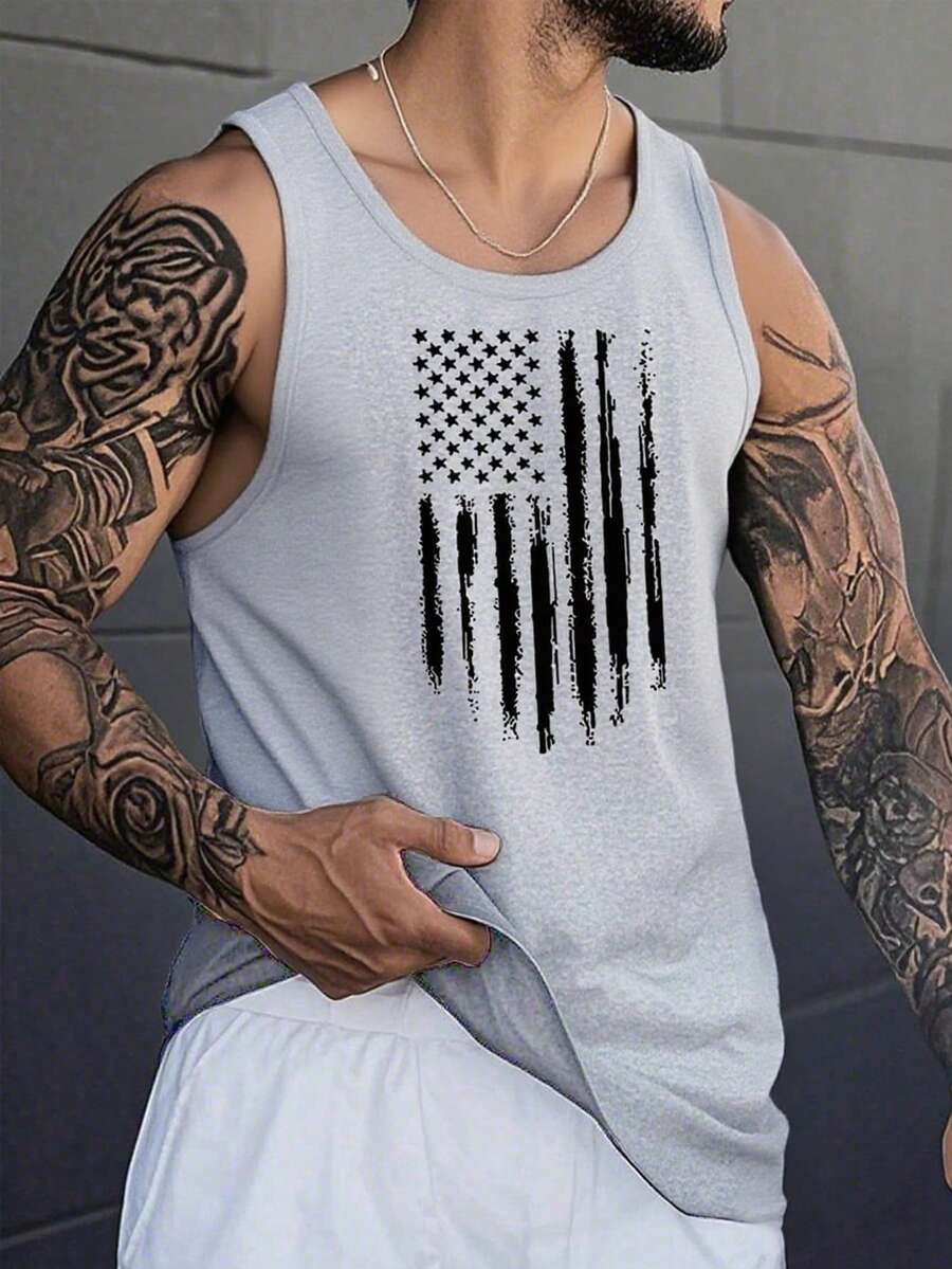 Men's American Flag Print Casual Sleeveless Vest, Summer - 灰色 - 查看 1