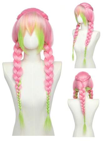 Peluca larga recta de 26 pulgadas con trenzas de tres hebras en rosa y verde, fibra sintética resistente al calor para cosplay y juego de roles