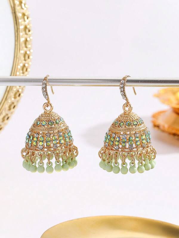 1 Pair Bohemian Style Elegant Rhinestone Jhumki Tassel Earrings, Fashionable & Cute Earring Accessories Suitable For Women & Girls, Daily Wear, Festivals, Weddings And Parties