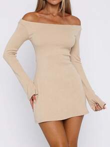 女士秋冬时尚贴肤收腰A字长袖连衣裙，适合约会和通勤 - 卡其色 - 查看 2