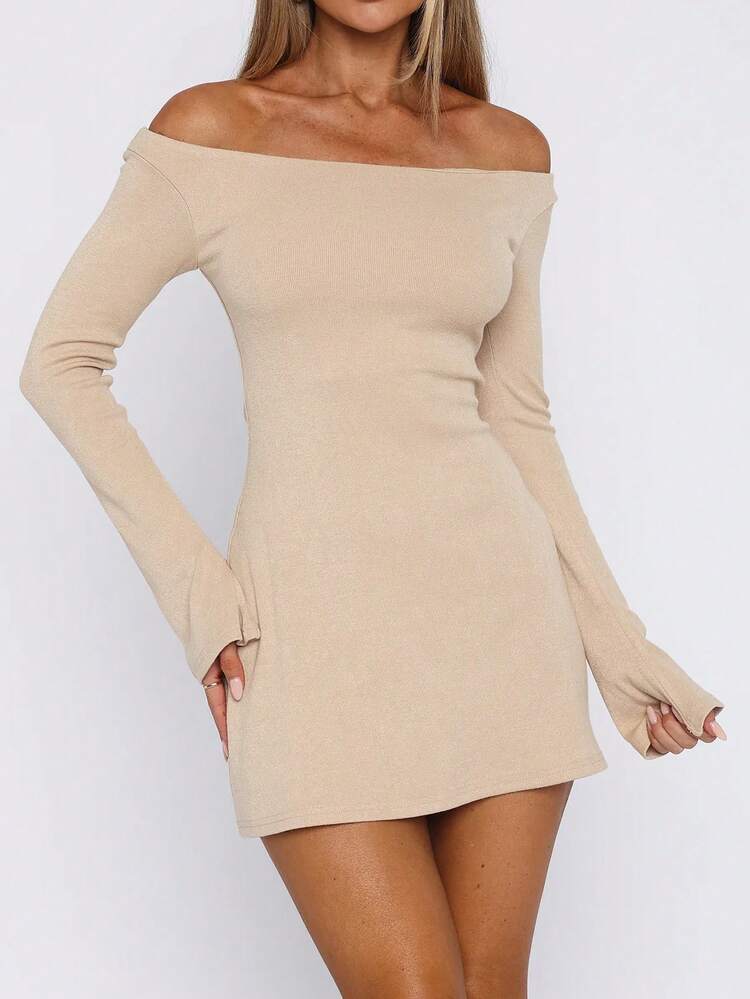 女士秋冬时尚贴肤收腰A字长袖连衣裙，适合约会和通勤 - 卡其色 - 查看 2