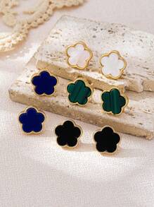 2 Pairs Fashionable & Elegant Metal Colorful Leopard, Clover & Flower Stud Earrings, Women's Casual Accessories, Jewelry Fashion Gifts For Valentine's Day, Wedding Season - Multicolor - View 15