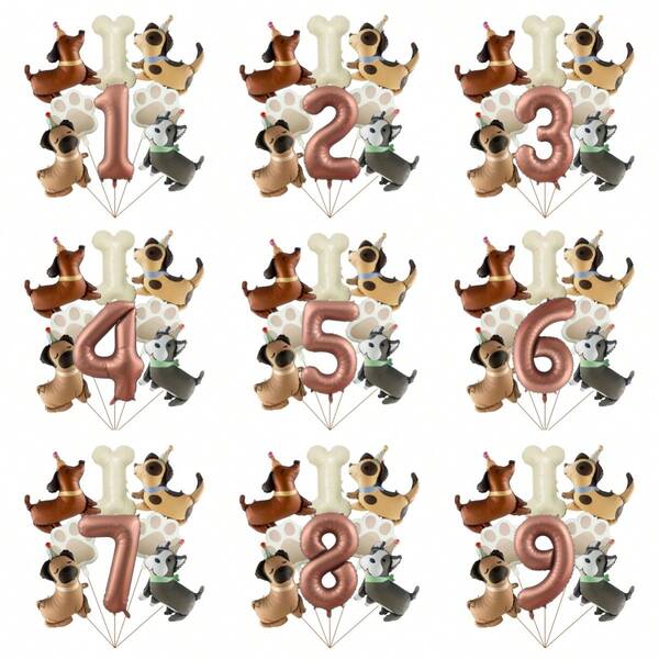 40" Chocolate Number Foil Balloon, Husky, Pug, Dalmatian, Dachshund Foil Balloons, Beige Dog Paw And Bone Decor, For Pet Themed Birthday Party Decoration