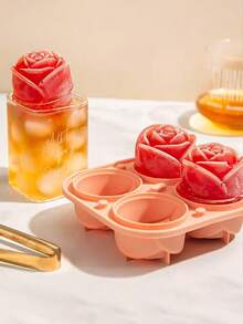 1pc 4-Cavity 3D Round Football/Basketball Silicone Ice Cube Tray Mold, Black/Coffee/Olive Green, Reusable Ice Cube Maker, Large Capacity Ice Cube Trays With Lid, Kitchen Tools; 1pc 2-Cavity Rose & Diamond Combination Silicone Ice Cube Tray Mold - Multicolor - View 3