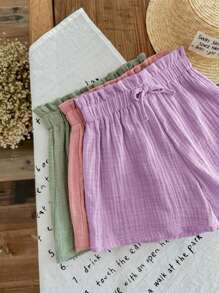 3件套青少年女孩夏季松紧腰纯色短裤，100%纯棉绉布面料，舒适透气，甜美蝴蝶结腰部装饰 - 紫色 - 查看 5