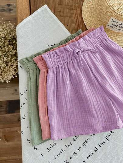 3-Piece Set Tween Girl Summer Elastic Waist Solid Color Shorts, 100% Cotton Crepe Fabric, Comfortable Breathable, Sweet Bow Waist Decoration