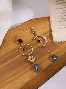 女士优雅蓝色水钻泪珠月亮流苏不对称长耳环