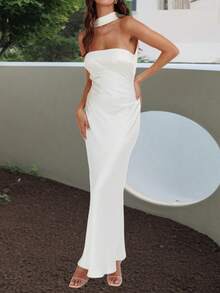 Summer Dresses For Women Vintage Maxi Dress Elegant Bodycon Dress Stylish Solid Color Satin Long Dress Fashionable Open Back Strapless Sleeveless Party Dress Cocktail Party Dress Daily Clothes Streetwear Aesthetic Clothes - 白色 - 查看 3