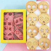 10pcs Halloween Skull Shaped Cookie Cutter Set, Material, DIY Cartoon Skull Expression Biscuit Mold, Interchangeable Baking Press Tool - Pink - View 1