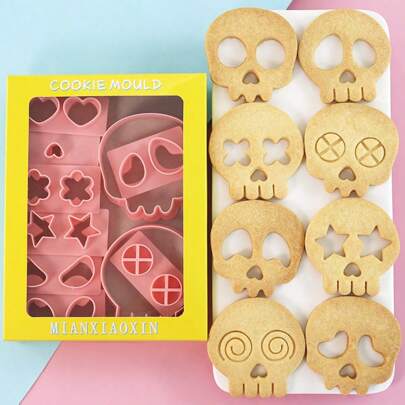 Juego de 10 piezas de cortadores de galletas con forma de calavera para Halloween, material de molde de expresión de calavera de dibujos animados DIY, herramienta de prensa de horneado intercambiable