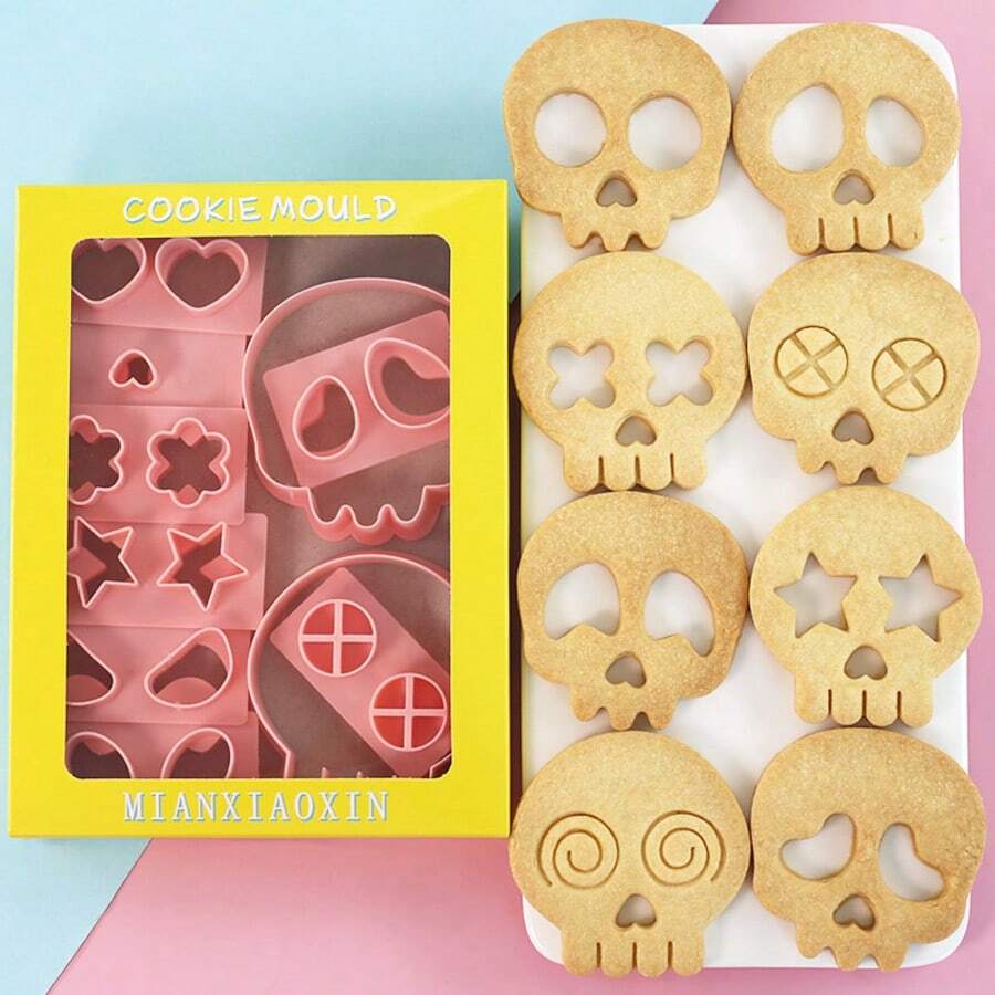 10pcs Halloween Skull Shaped Cookie Cutter Set, Material, DIY Cartoon Skull Expression Biscuit Mold, Interchangeable Baking Press Tool - Pink - View 1