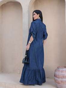 Simple Casual Denim Dress Buttons Front Ruffle Hem Feminine Button Formal & Evening Holiday Beach - Rửa tối - Xem 2