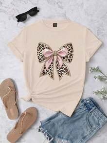 Women's Casual Leopard Print T-Shirt With Bow Design, Summer - Màu be - Xem 2