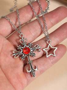 2pcs Gothic Punk Style Star, Rhinestone Cross & Heart Pendant Necklaces, Layered Wear, Elegant & Fashionable Jewelry For Women - Silver - View 4