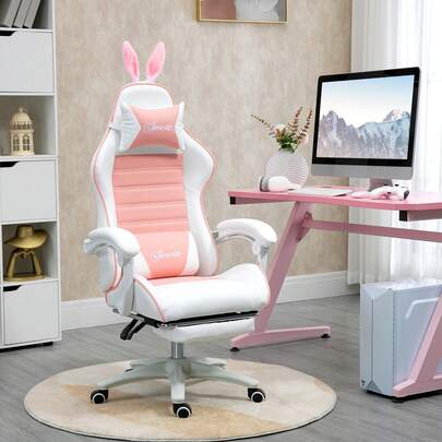  Vinsetto Chaise gaming fauteuil gamer fauteuil de bureau ergonomique avec support lombaire, hauteur réglable, repose-pieds, oreilles de lapin et appui-tête, rose