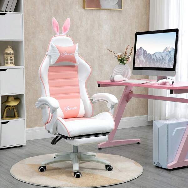  Vinsetto Chaise gaming fauteuil gamer fauteuil de bureau ergonomique avec support lombaire, hauteur réglable, repose-pieds, oreilles de lapin et appui-tête, rose