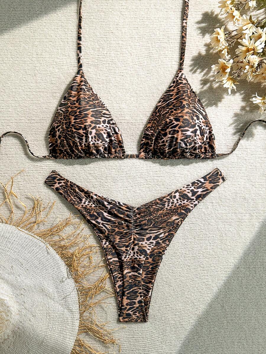 豹纹加大码挂脖比基尼，丁字裤底，高弹力泳衣，女士休闲性感款 - 銅色 - 查看 1