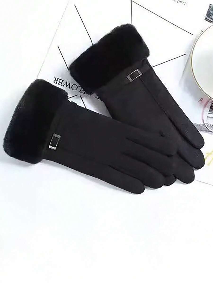 1 par de guantes táctiles engrosados y cálidos de color beige, para otoño/invierno - Negro - Ver 1