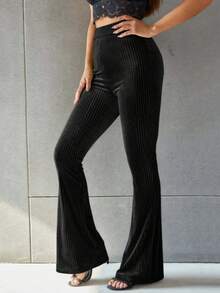 休闲罗纹设计喇叭裤，秋季新品，裤子，喇叭裤 - 黑色 - 查看 4