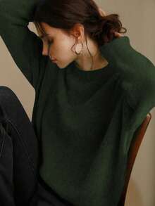 Knit Mix 优雅女士针织法式通勤毛衣，休闲宽松长袖圆领套头衫，适合秋冬季、圣诞节、感恩节、新年、情人节等节日穿着，是返校季和秋季女装的理想选择。 - 軍綠色 - 查看 4