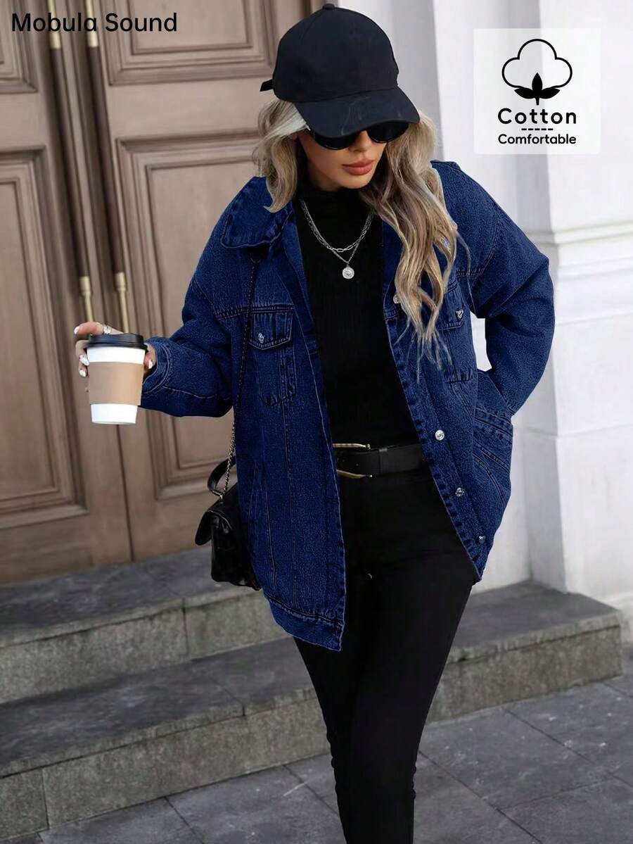 Mobula Sound# 多功能休闲运动时尚女式夹克，蓝色 Y2K 学生学院风，春秋冬季 - 查看 1