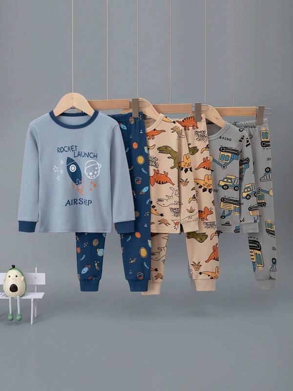 6pcs/Set Boys' Cartoon Cotton Underwear Set, Cute Dinosaur, Rocket, Excavator Print Thick Long Sleeve Top And Pants Pajamas, Cotton Autumn Outfit