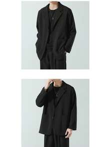 Tailored Jacket For Men, Autumn, Outerwear, Jacket, Long Sleeve, Light Outerwear, Suit Jacket, Telework, Business, Casual, Tailored Jacket, Loose Fit, Blazer, Black, Beige, White, Commuting, School, Telecommuting, Office, Blouson, Spring/Autumn, Autumn/Winter, Fashion - Black - View 4