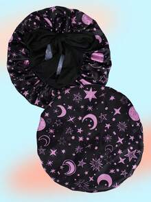 1顶缎面蝴蝶结睡帽，纯色弹力带，轻盈透气，适合女性和女孩，黑色 - 星星月亮紫色 - 查看 4
