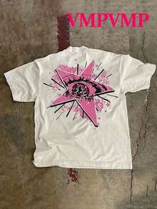 (Double Sided Printing)  Pink Eyes  Printed 100% Pure Cotton Fabric - Comfortable And Vibrant Summer Street Style Short Sleeved T-Shirt, Cool Design Retro Summer Men's Daily Wear T-Shirt - trắng - Xem 2