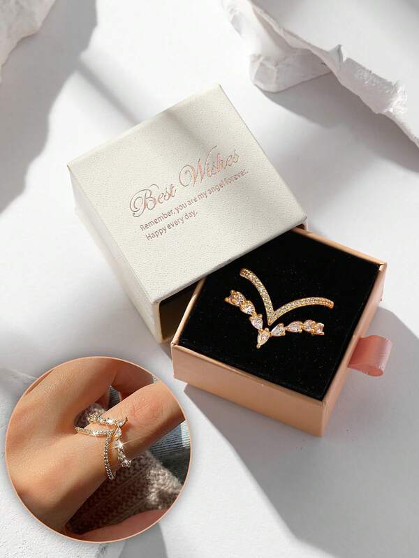 Crown-Shaped Luxury Cubic Zirconia Gold Ring, Adjustable Open Design Suitable For Women Wedding Party Wear And Holiday Gifts