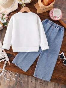 Toddler Bow Decor Warm Crew Neck Sweatshirt And Denim Pants Set - White - View 2