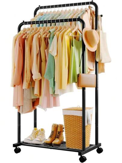 Clothes Rack - Double Rods Clothing Rack With Mesh Shelf, Hooks & Wheels, Metal Clothing Racks For Hanging Clothes & Bags, Multifunctional Garment Rack For Laundry, Black, 28.7" X 16.5" X 59.1"
