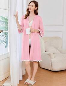 Women Kimono Robe 3/4 Sleeves Loungewear Dress Knee Length Sleepwear Pockets Housecoat Short Bathrobe S-XXL - 藏蓝色 - 查看 9