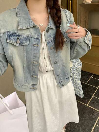 Áo khoác denim trơn màu cho nữ, cài nút phía trước, túi giả, trang phục thường ngày cho mùa xuân và mùa thu