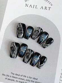 10 Pieces Of Long Nails, Diablo Mergerian Nail Art New Style DIY Heavy Workers, Heavy Workers, Punk Style Mechanical Warfare Patterns Design Black Nails, Removable Reused Nail Supplies, Nail Powder, Nails Scattered Suitable For Men, Ladies On The Stage, Dance Party , Dacking Scenes Use 1 Piece Of Fructic Jelly Glue And 1 Rubbing Strip