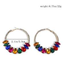 Luxury European & American Fashion Exaggerated Metal Inlay Colorful Crystal Round Large Hoop Earrings, Retro Elegant Goddess Style, 1 Pair