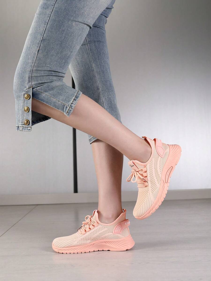 1 par de zapatos deportivos de punto con cordones, aptos para todas las estaciones - Rosa - Ver 1